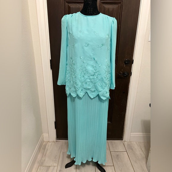 👗$30 Sale 👗 Union Made in USA Mother of the Bride 60’s 70’s turquoise long sleev - Picture 1 of 7